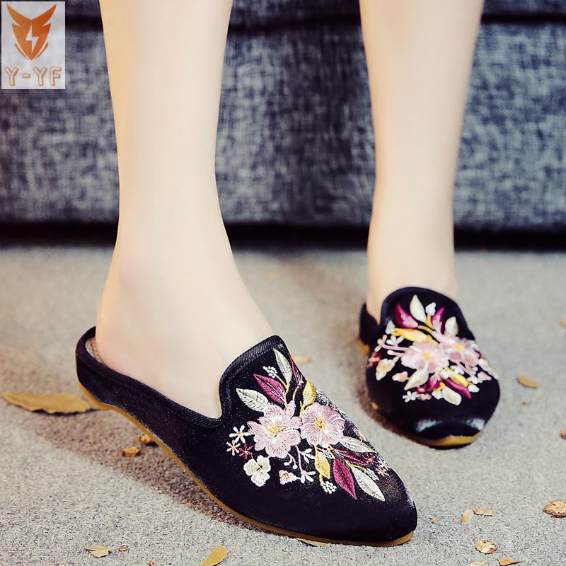 [OneY]2018 Summer New Products Old Beijing Cloth Shoes Embroidered Slippers Chinese Ethnic Style Retro Shiny Fashion Slippers Women's Shoes