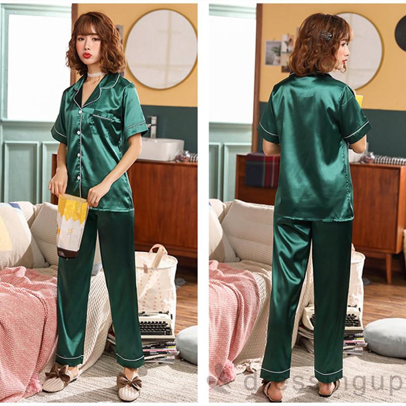 Set Đồ Ngủ Áo Tay Dài + Quần Dài Chất Phi Bóng Cho Nữ
