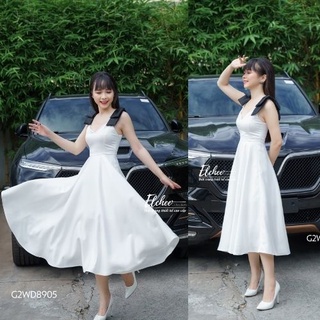Đầm xòe thiết kế - Đầm trắng 2 dây nơ đen dáng xòe dài thiết kế cao cấp Elchee Collection