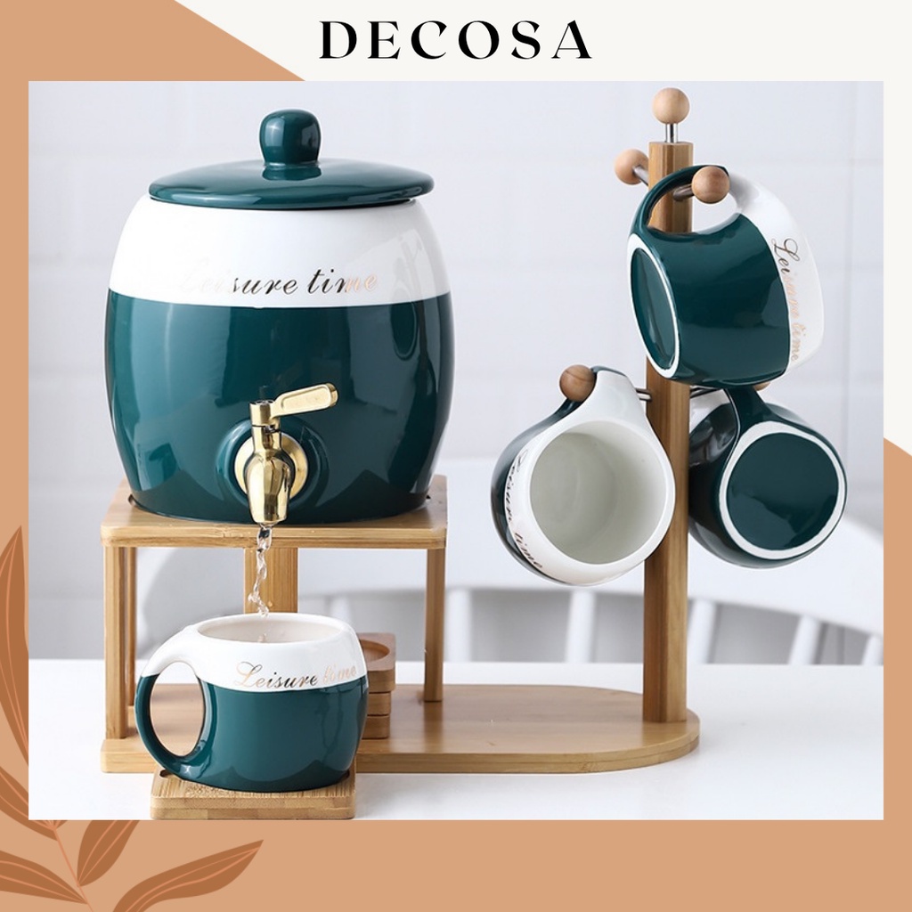 Bộ bình nước sứ cao cấp giữ nhiệt có vòi nắp đậy khung gỗ DECOSA