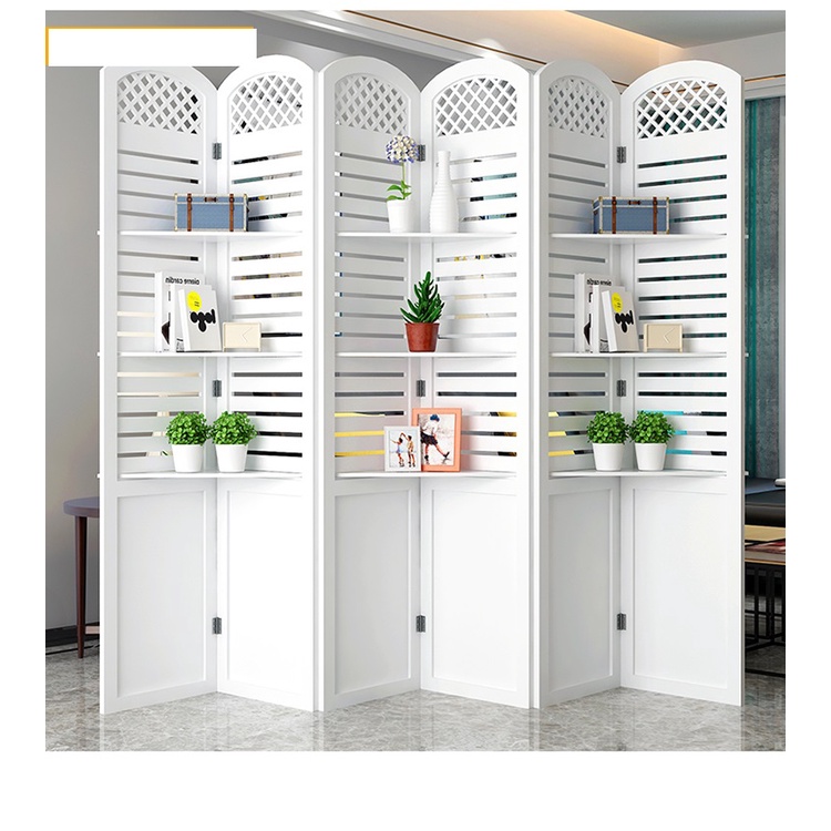 Bình phong vách ngăn chắn phòng gấp gọn có kệ sọc ngang to decor hiện đại loại 4 tấm 180*120cm- IG464