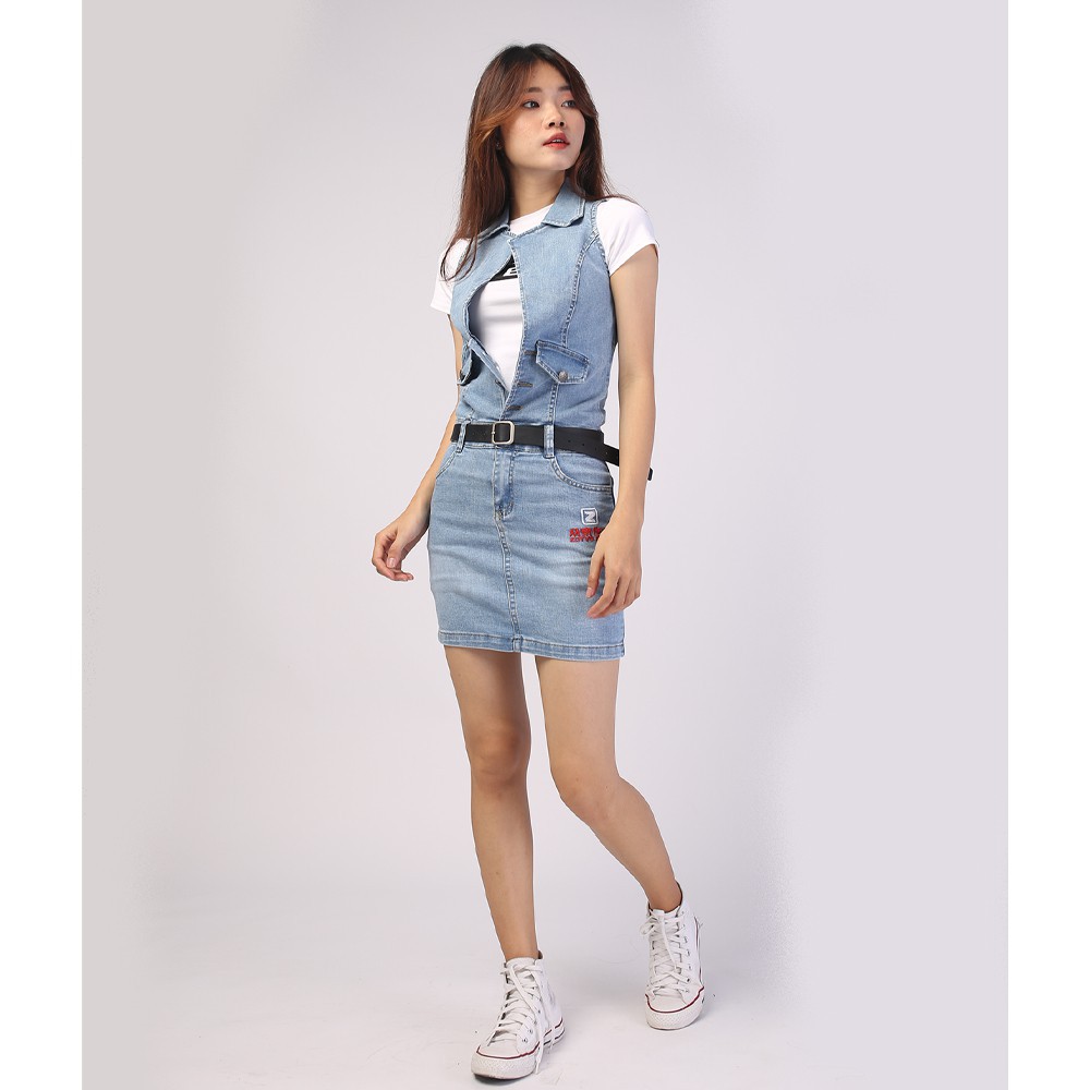 Chân váy ngắn jean HANOIJEAN - Chân váy liền áo màu xanh trắng co giãn chân váy bò VAY005 | BigBuy360 - bigbuy360.vn