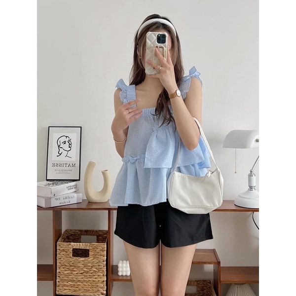 Set babydoll áo dây ngang xếp bèo 3 màu Vintage