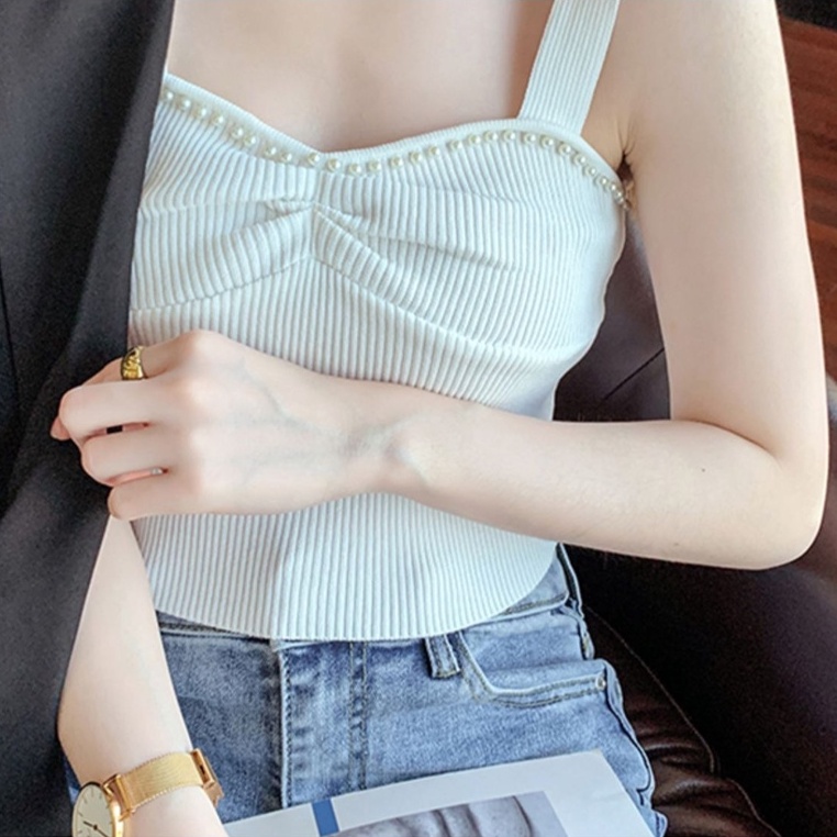 Áo hai dây ZHELIHANGFEI dệt kim ngắn đính hạt công nghiệp gợi cảm