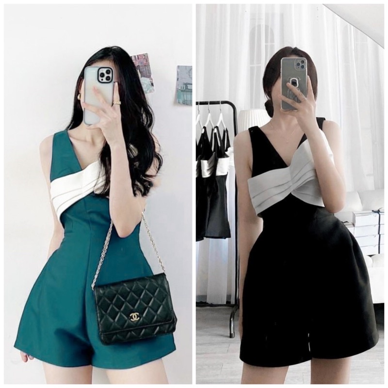 HÌNH THẬT - Jumpsuit xếp ly ngực phối nơ trắng