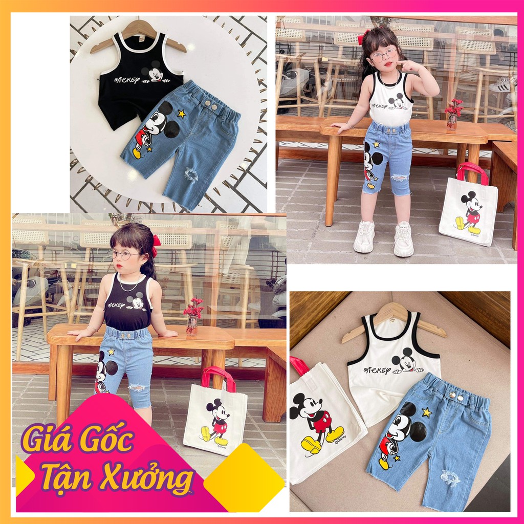 Set đồ cho bé gái 🍎[𝐅𝐑𝐄𝐄𝐒𝐇𝐈𝐏]🍎Set Mickey ba lỗ chất cotton 100% phối quần Jean lửng mềm mát mặc hè-SHOP BỐN MÙA