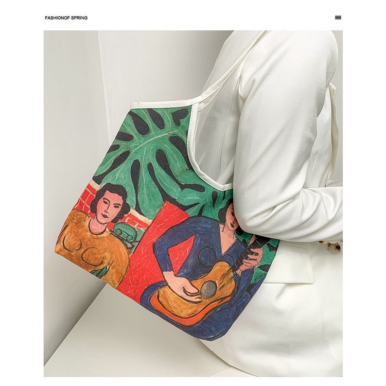 Túi Xách Canvas Sức Chứa Lớn Họa Tiết Tranh Sơn Dầu Thời Trang Cho Nữ