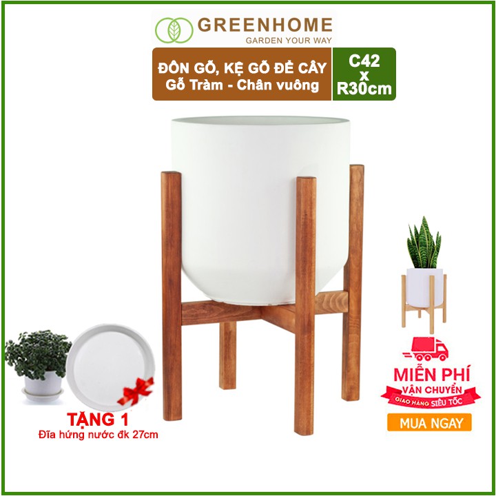 [FREESHIP 70K] Đôn gỗ, kệ kê chậu cây nội thất bằng gỗ Tràm chân Vuông C42xR32cm- 🎁Tặng kèm dĩa lót D27cm🎁