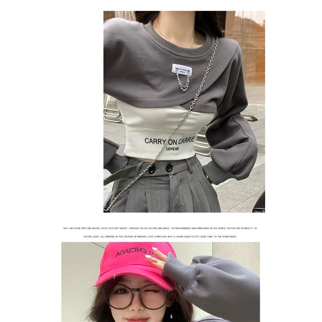 Bộ Áo Sweater Hai Dây Dáng Ngắn Màu Xám Ngọt Ngào Thời Trang Xuân Thu Cho Nữ