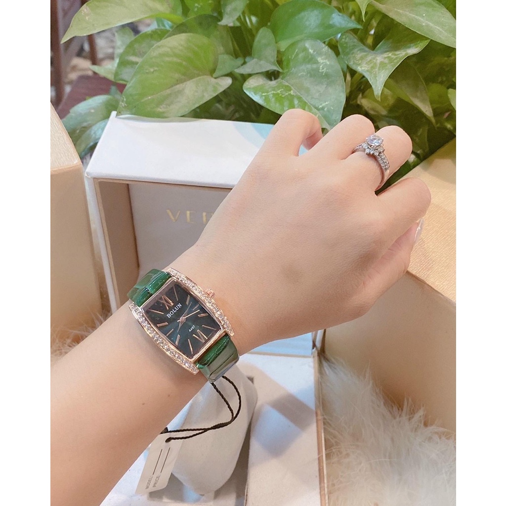Đồng hồ nữ Bolun dây da,  mặt chữ nhật đính đá siêu xinh , bảo hành 12 tháng