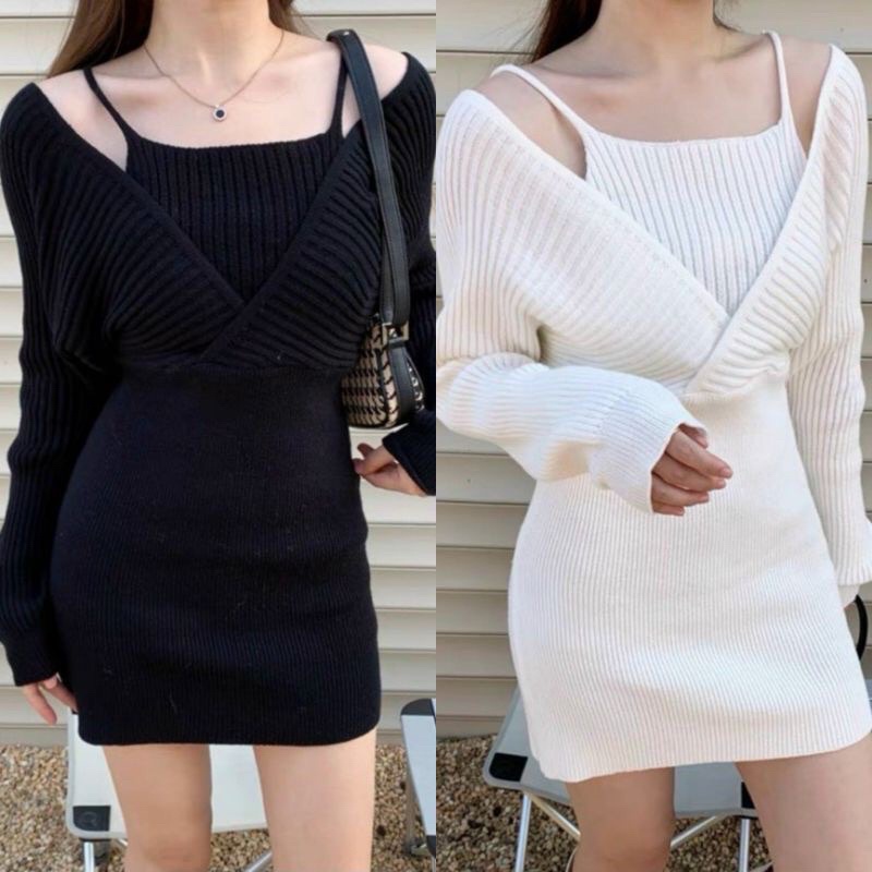 Đầm yếm body thun gân len phối kiểu cổ yếm tay dài