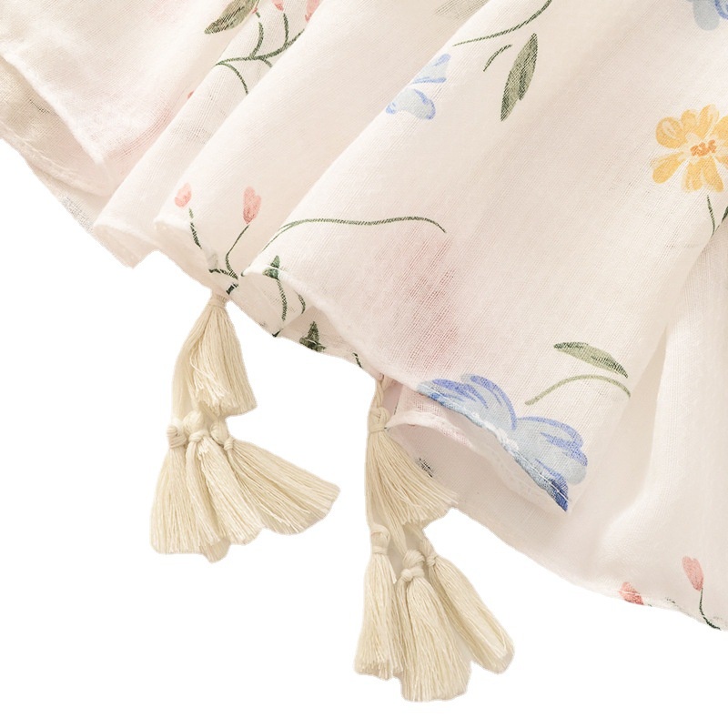 Khăn Choàng Chống Nắng Kích Thước Nhỏ Vải Lanh Cotton Lanh Họa Tiết Hoa Phối Tua Rua Thanh Lịch