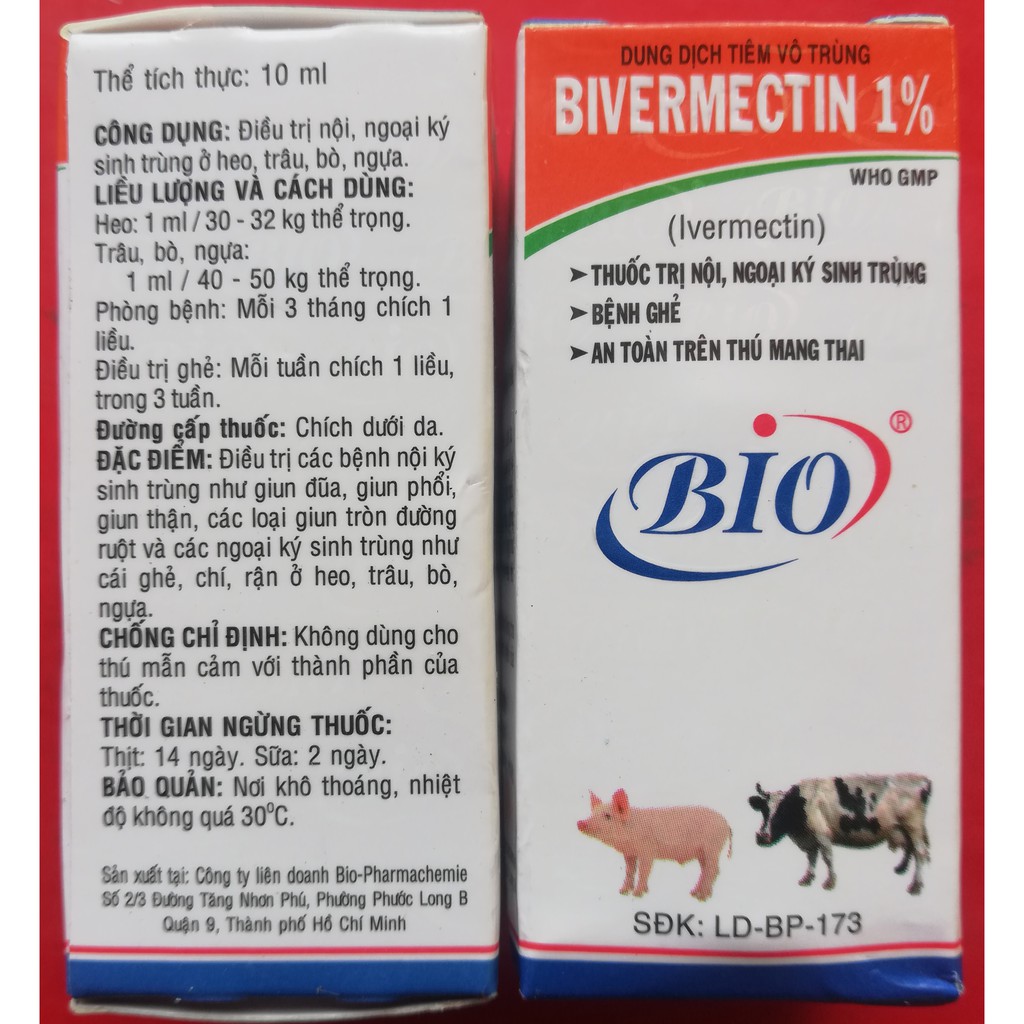 1 Lọ BIVERMECTIN 10ml  Hàm lượng 1% Sản phẩm cao cấp dùng cho trâu, bò, dê, cừu, ngựa, lợn, thỏ, chó, mèo