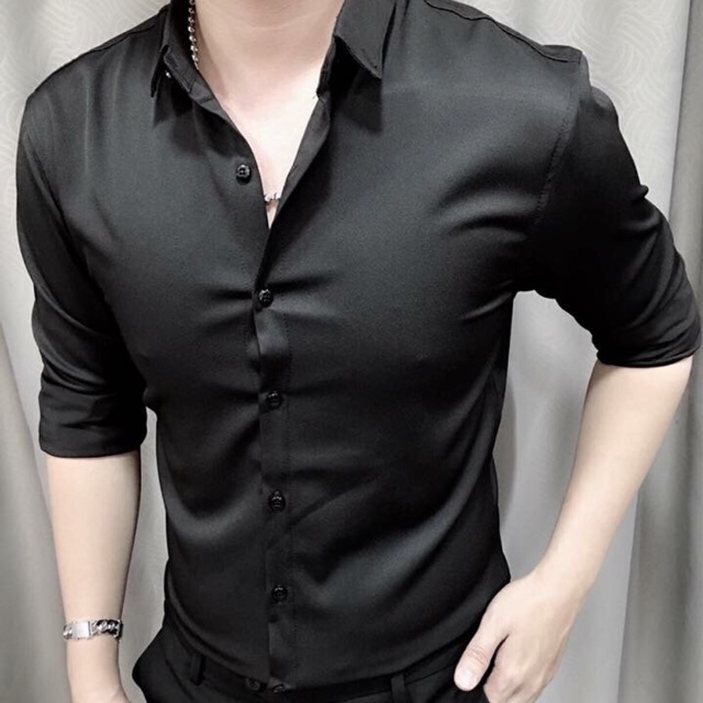 Áo sơ mi lụa, áo sơ mi nam đen trơn cao cấp thời trang giá rẻ TCS