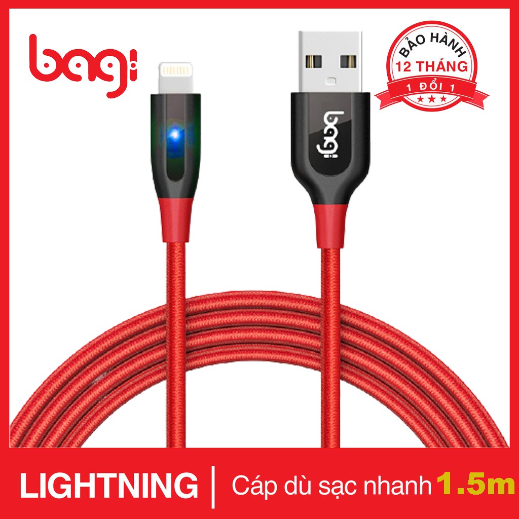 Cáp dù sạc nhanh đèn LED tự ngắt Bagi dài 1.5m phiên bản 2020 - Bảo hành 12 tháng 1 đổi 1