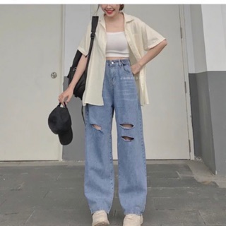 💰Baggy Jeans Ống Suông Đai Nút Rách