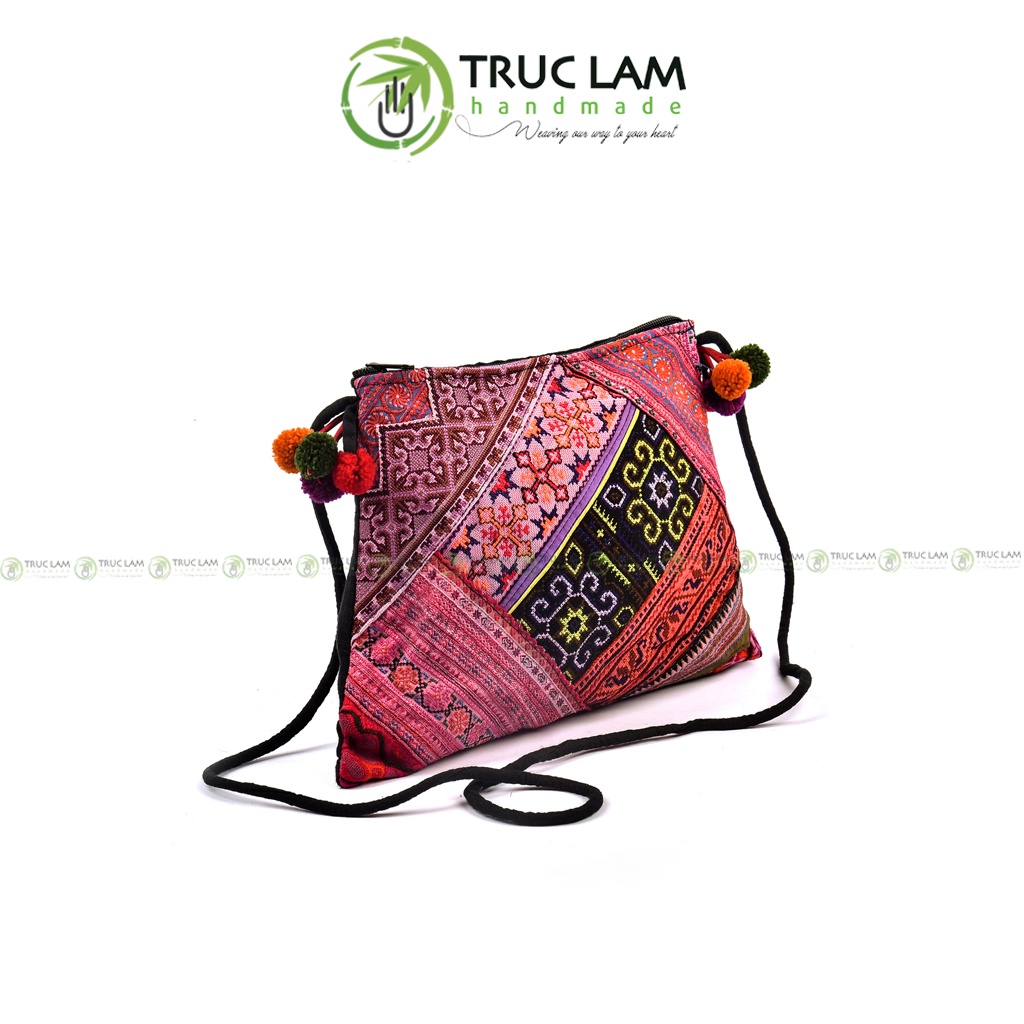 Túi Đeo Chéo Thời Trang Vải Thổ Cẩm Thêu Tay Gắn Quả Bông - Trúc Lâm Handmade