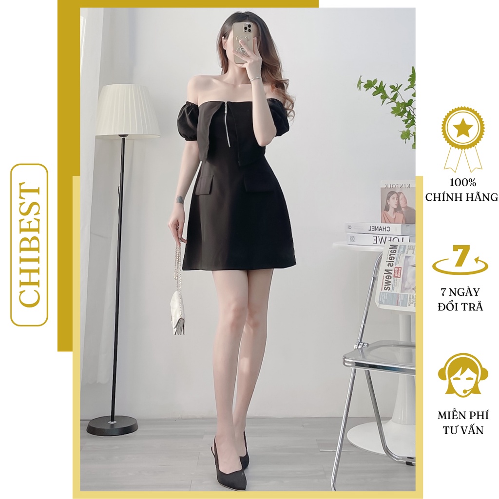 Đầm Dự tiệc đầm ống rớt vai xẻ ngực phối dây khuy kéo CHIBEST ADB820