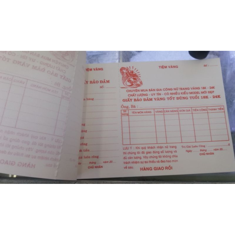 100 tờ biên lai ghi nhận đảm bảo trang sức giấy tốt