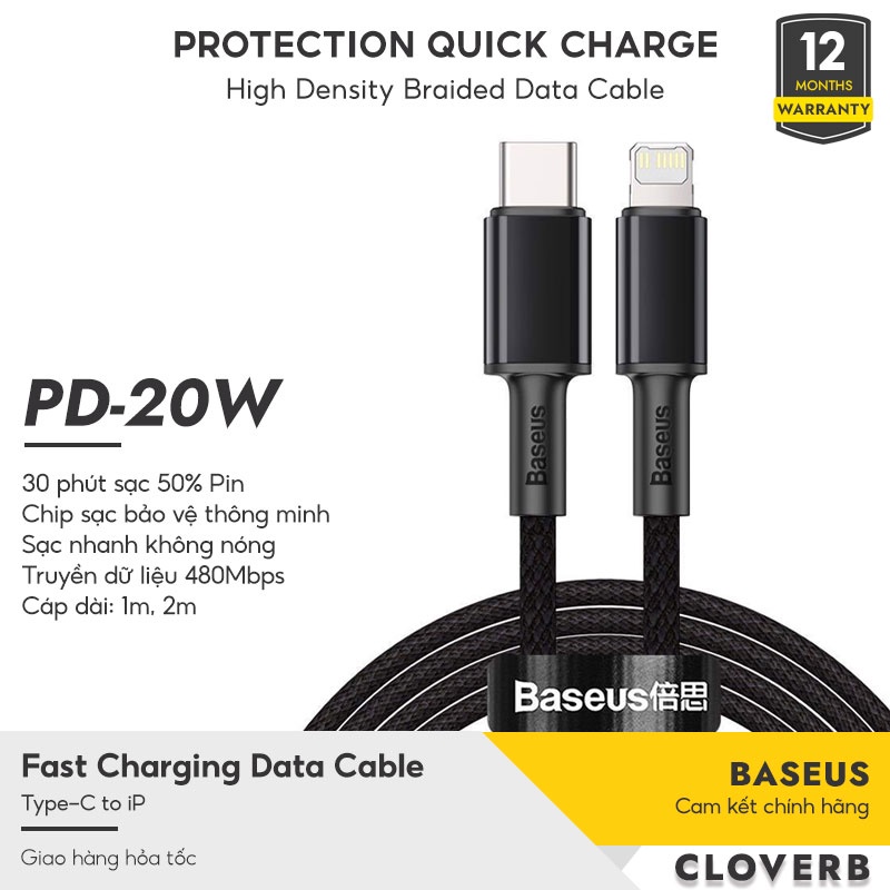 Cáp Sạc Nhanh iPhone Baseus High Density Braided Type C to Lighning PD 20W Cho iPhone 12 Pro Max, PD 18W Cho 11 Pro Max