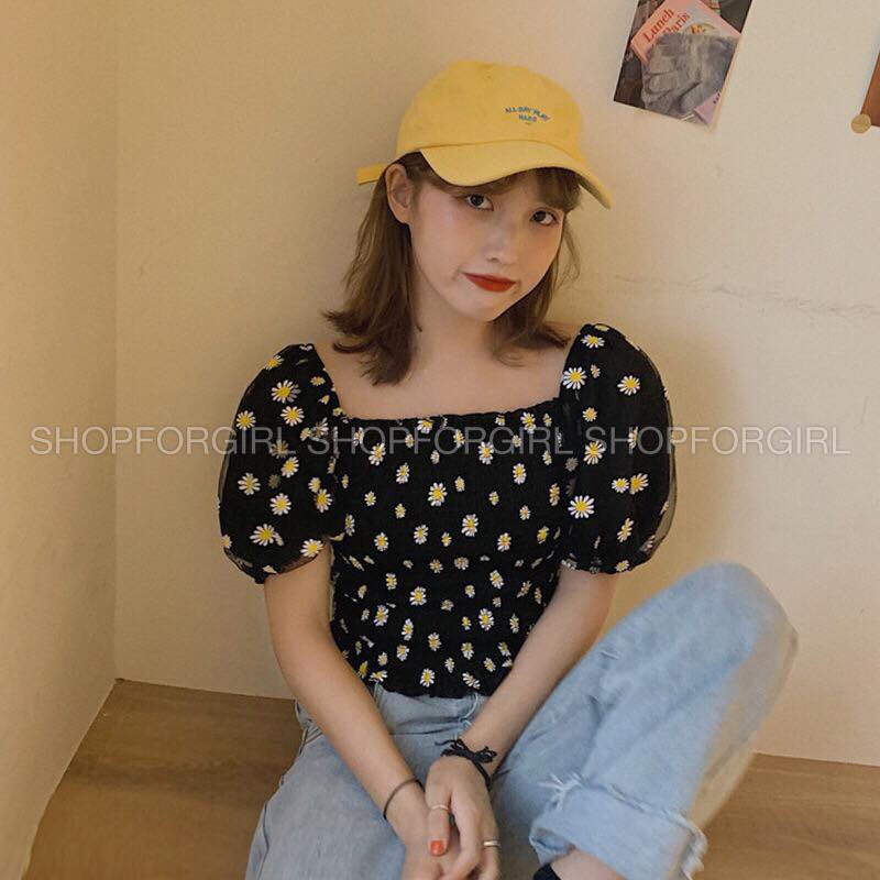Áo tay phồng hoa cúc màu trắng tay ngắn - shop8868