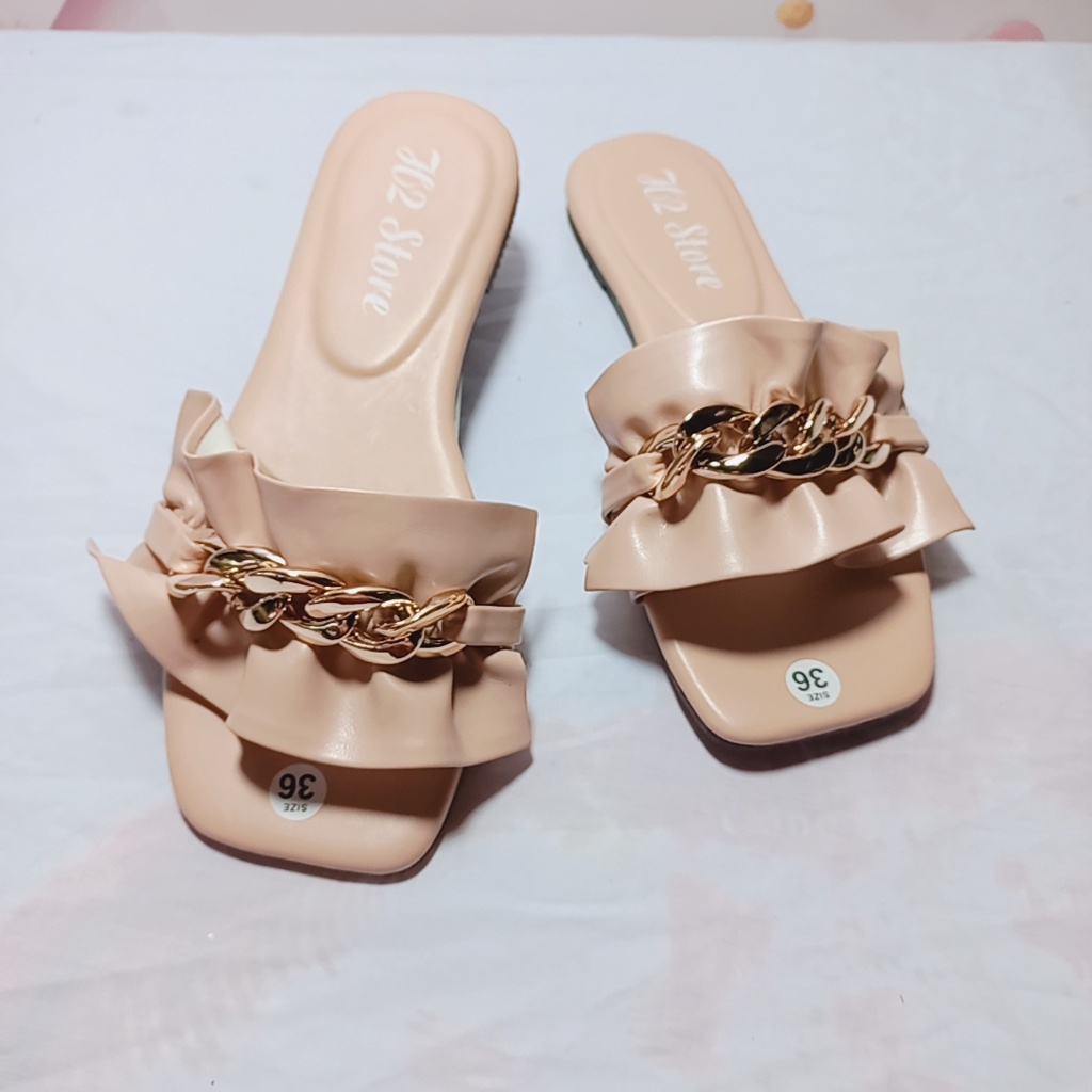 Dép nữ đế bệt mũi vuông quai ngang nhún nhúm phối xích mẫu mới độc đáo mã DNPX MINHTUYETSHOES