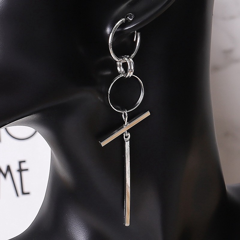 Khuyên tai dáng dài móc 3 hình tròn và 2 thanh dọc ngang độc đáo kèm khuyên tai bấm vòng tròn