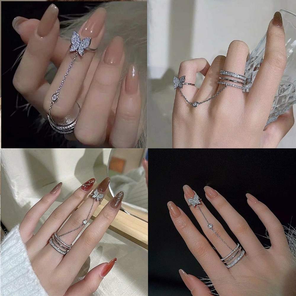 Nhẫn mặt hình bướm đính đá phối tua rua xích thời trang sang trọng dành cho nữ