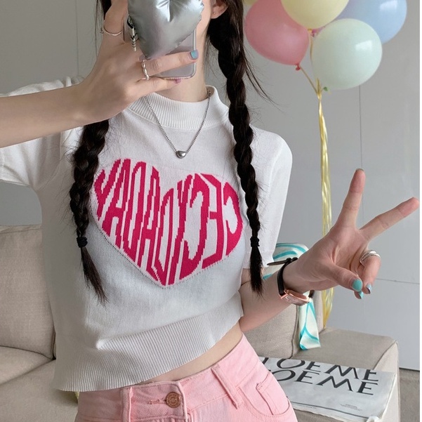 Áo Thun Dệt Kim Ngắn Tay Ôm Dáng In Chữ Và Trái Tim Thời Trang Phong Cách Hàn Quốc Cho Nữ