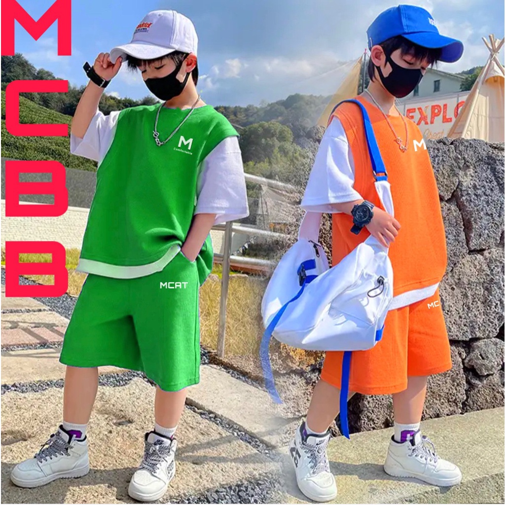 Mcbb 24-49 kg 100% vải cotton đồ bộ bé trai áo phông bé trai cộc tay quần đùi short hiphop bộ quần áo bé trai trẻ em nam