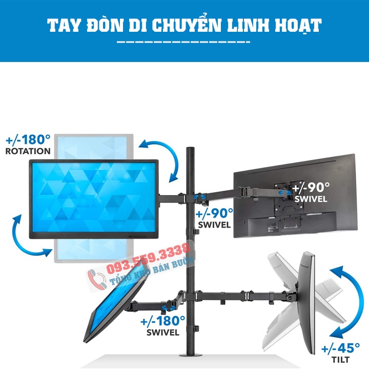 Giá Treo 4 Màn Hình Máy Tính 17 - 27 Inch M054 Xoay 360 Độ - Tải Trọng 8Kg 1Tay - Tay Treo Bốn Màn Hình Lắp Đặt Kẹp Bàn