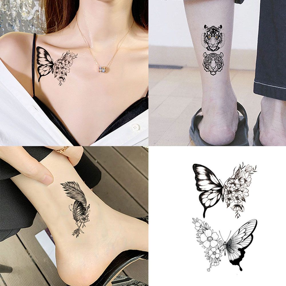 [Hàng mới về] Miếng dán hình xăm tạm thời họa tiết lông vũ /chú hổ / bươm bướm dễ thương chống nước