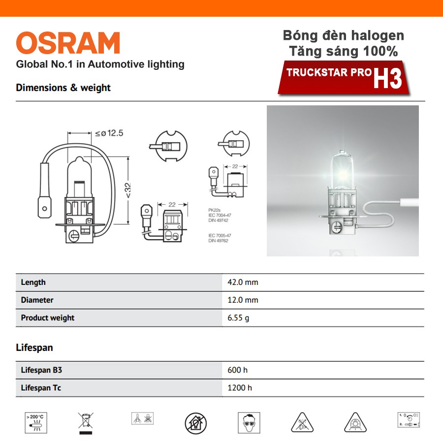 Combo 2 Bóng Đèn Halogen Tăng Sáng 100% OSRAM Truckstar Pro H3 24V 70W - Nhập Khẩu Chính Hãng