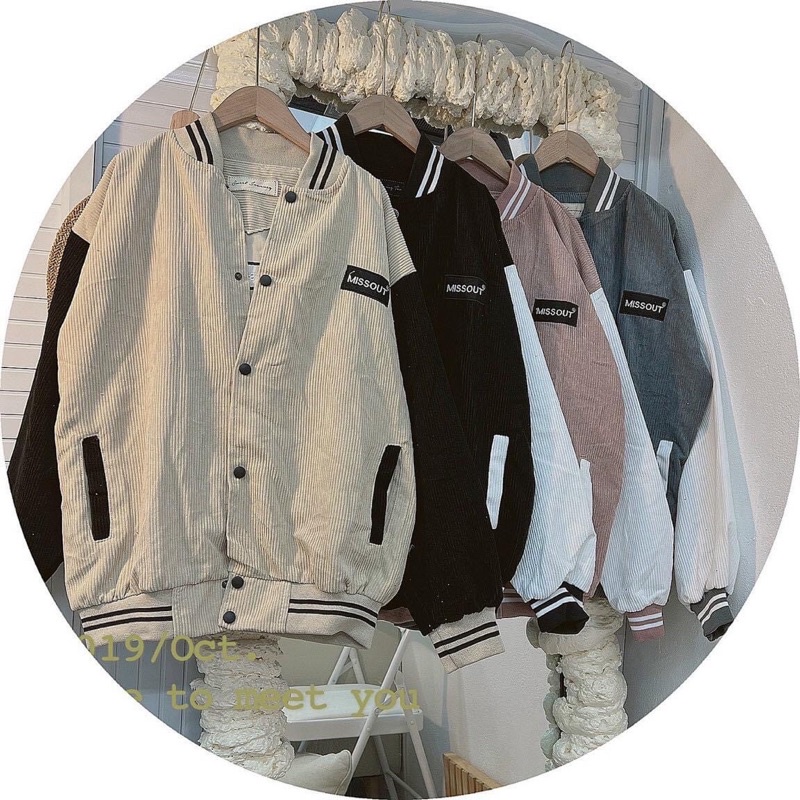 Áo khoác bomber bóng chày thêu logo kaki nhung gân 1 lớp unisex ulzzang nam nữ