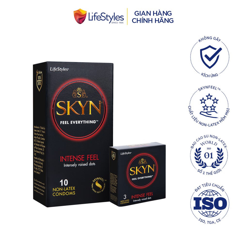 Combo bao cao su LifeStyles SKYN Intense Feeling Non-latex 10 bao + bao cao su Skyn có gai Intense Feeling 3 bao