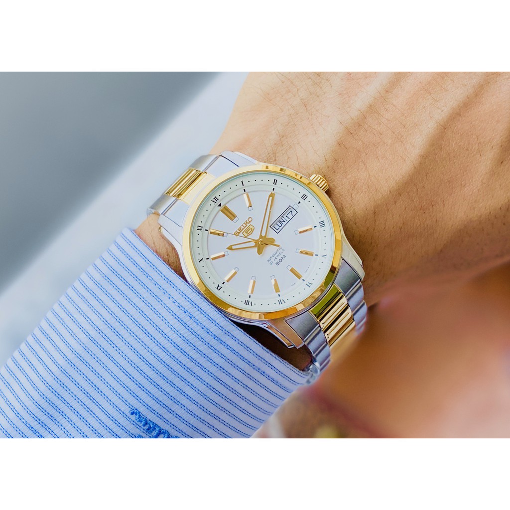 Đồng hồ Nam Seiko 5 SNKP14K1/SNKP14J1 Size 42mm,Demi vàng,Mặt trắng,Lịch-Máy cơ tự động-Dây kim loại cao cấp