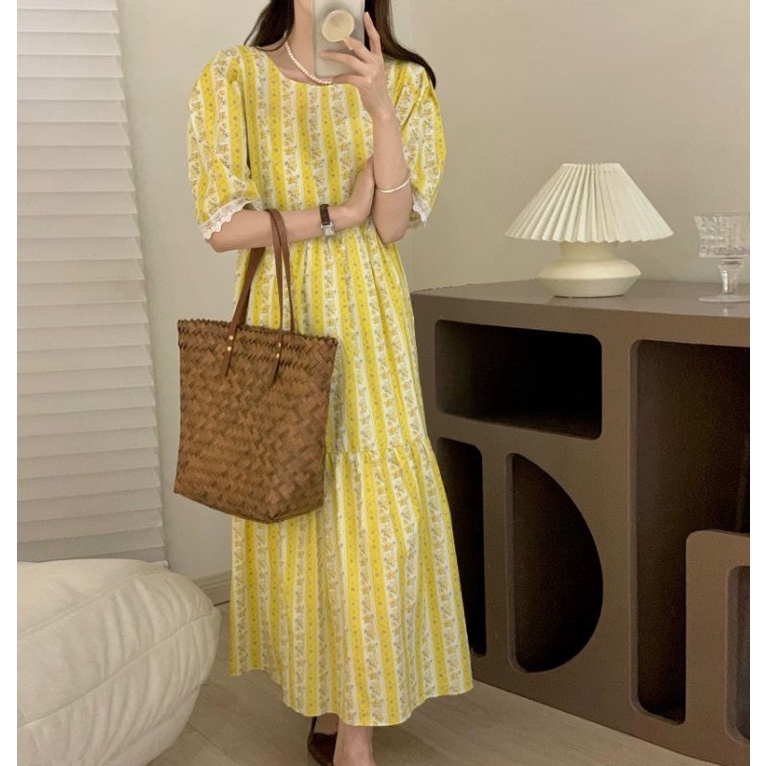 ĐẦM SUÔNG DÀI HỌA TIẾT VÀNG HÀNG THIẾT KẾ HÀN QUỐC