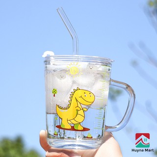 Cốc Pha Sữa Thủy Tinh Chia Vạch Có Nắp Đậy,Kèm Ống Hút Cho Bé 350ml HUYNA MART