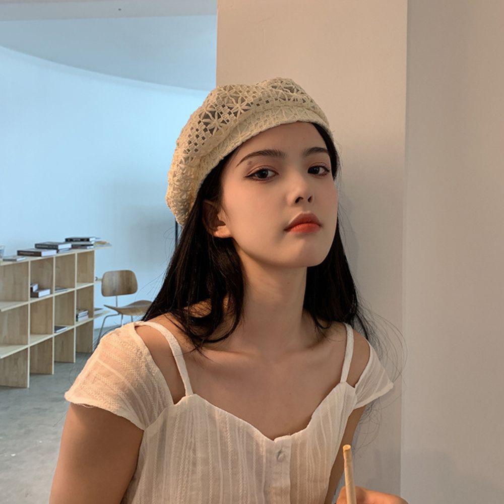 Mũ Beret Vải Cotton Polyester Mỏng Phối Ren Phong Cách Cổ Điển Thời Trang Mùa Hè Cho Nữ