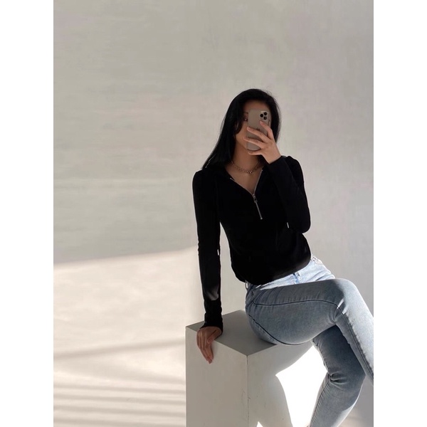 Áo hoodie croptop thun mịn vạt bầu nửa khoá kéo dài tay