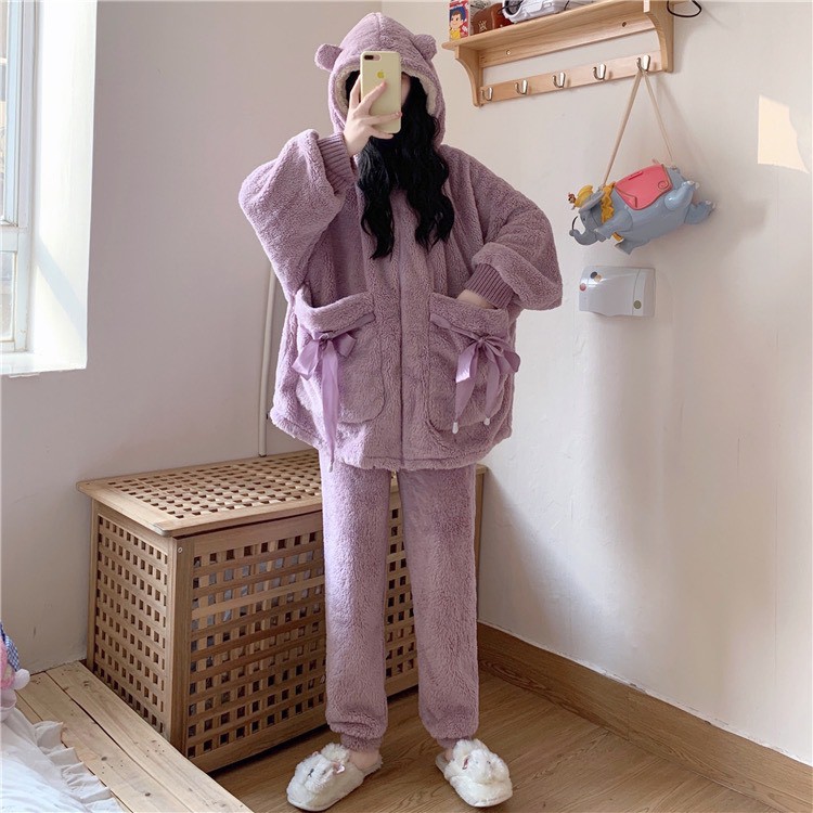 Bộ ngủ lông gấu giữ nhiệt mùa đông túi thắt nơ dễ thương,bộ đồ mặc nhà nhung bông mềm mịn 2 màu hồng tím_ TONGKHOQUANAON | BigBuy360 - bigbuy360.vn