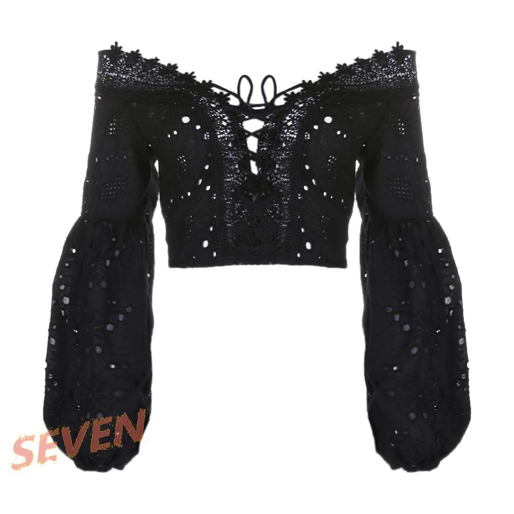 Áo croptop trễ vai tay lồng đèn phối ren màu đen thời trang cho nữ (S) -209339.06