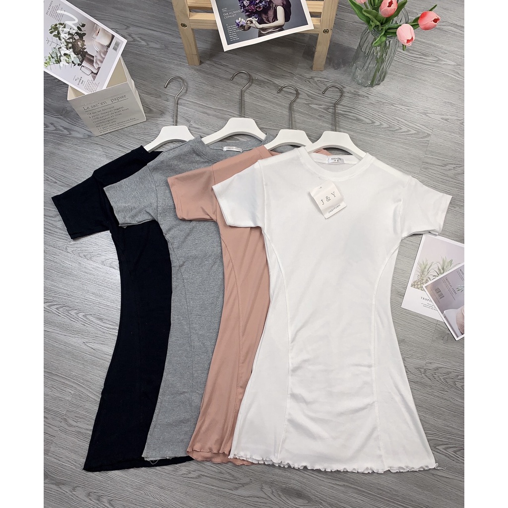 Váy đầm nữ cộc tay body may viền tay ngắn đi chơi dạo phố chất thun tăm freesize