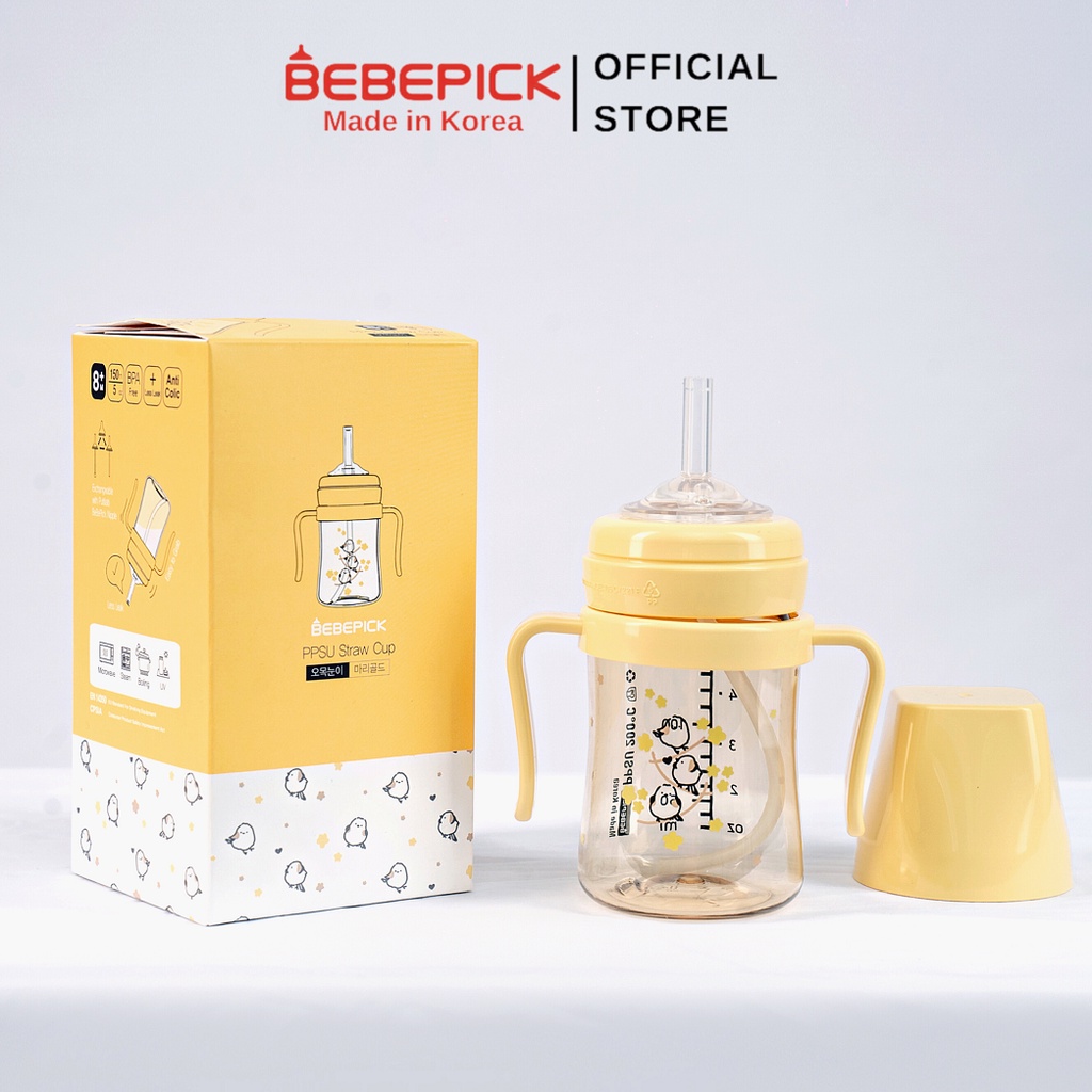 Bình Bebepick bình ống hút tay cầm các mẫu - Chim vàng, chim hồng, hổ mint size 150ml - 250ml
