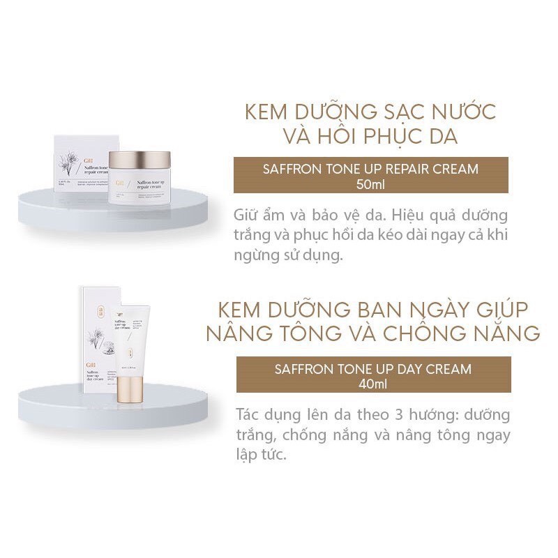 [TẶNG SỮA RỬA MẶT GILAA] Bộ 5 sản phẩm dưỡng trắng và phục hồi da Gilaa saffron tone up repair