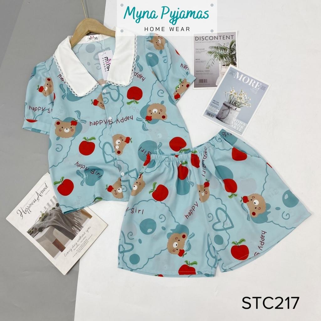 Bộ pyjama lụa cộc đùi nữ cổ viền ren tiểu thư - MYNA PYJAMAS