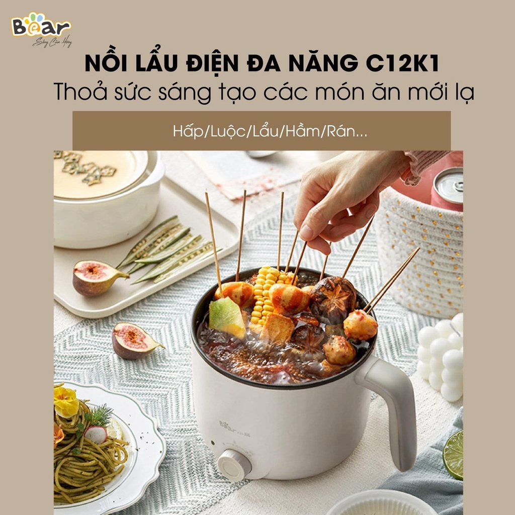 (BH 18 Tháng) Nồi Lẩu Điện Đa Năng Bear C12K1 Nồi Nấu Lẩu Mini, Nồi Nầu Mỳ, Xào Rán Đa Năng