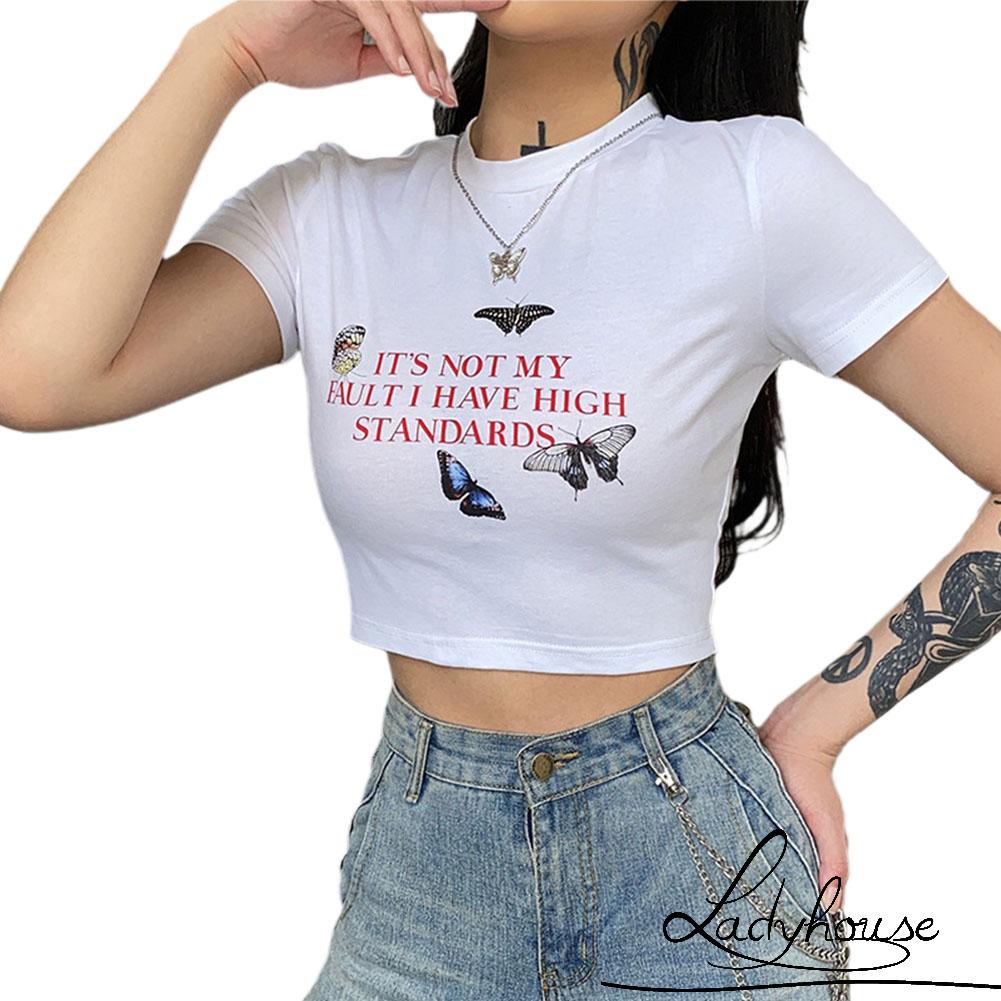Áo Thun Crop Top Tay Ngắn Cổ Tròn In Họa Tiết Bướm Nhiều Màu Sắc Thời Trang Mùa Hè Dành Cho Nữ
