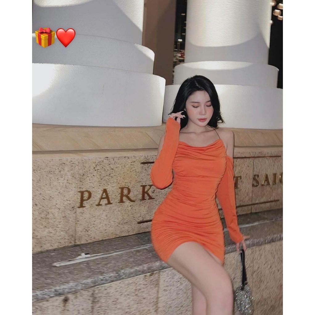 Đầm body nữ dáng ngắn kiểu dây bún hở lưng sexy tay dài hot