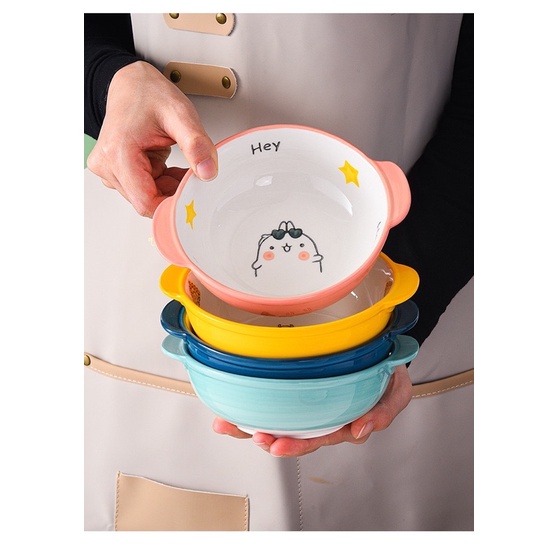 Chén sứ ngộ nghĩnh kèm thìa, bát ăn cháo, cơm cho bé, bát chè hình thú có 2 tai cầm siêu xinh
